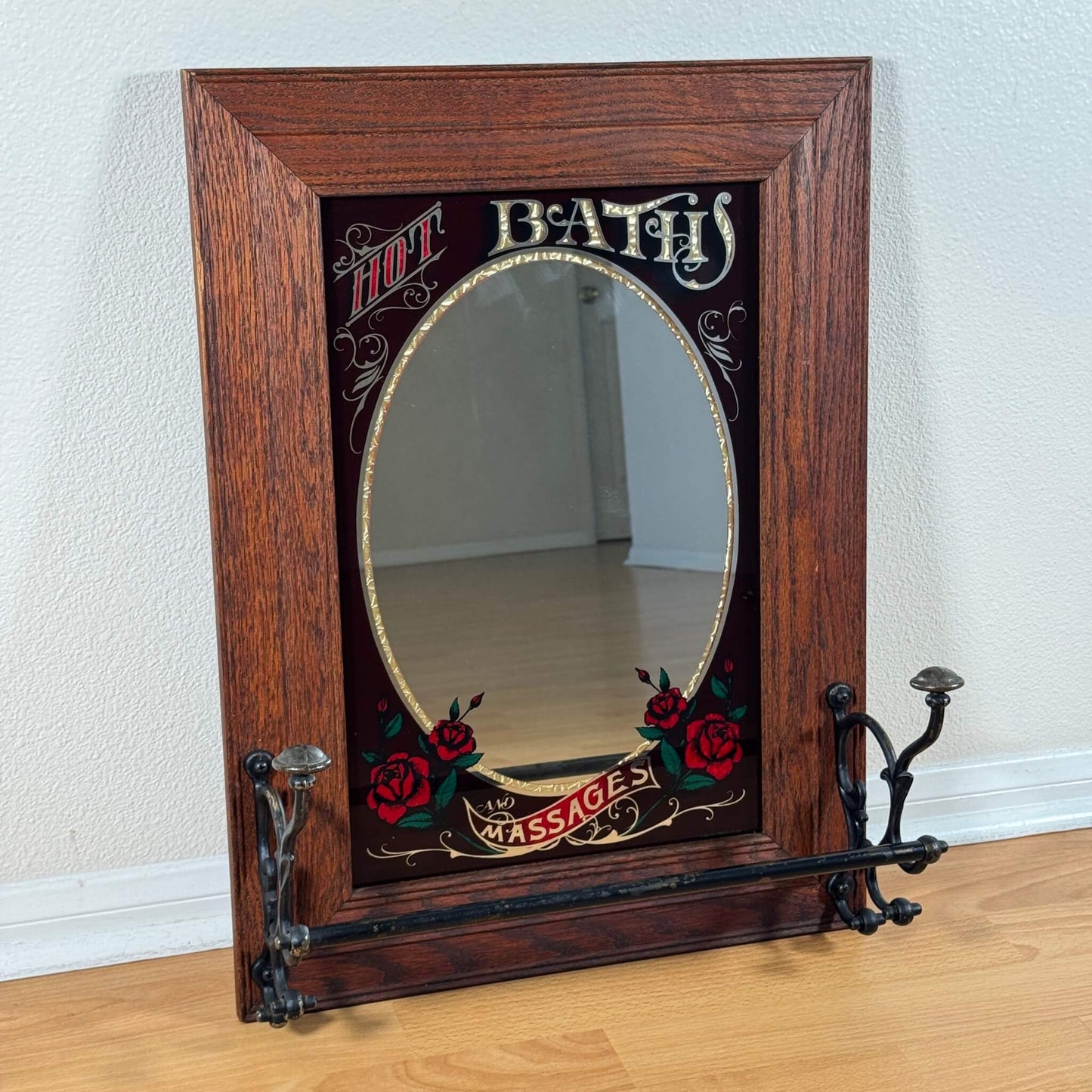 #2104【1980年代】ビンテージ HOT BATHS & MASSAGES ミラー / ウォールデコ アイアンラック付き アメリカ
