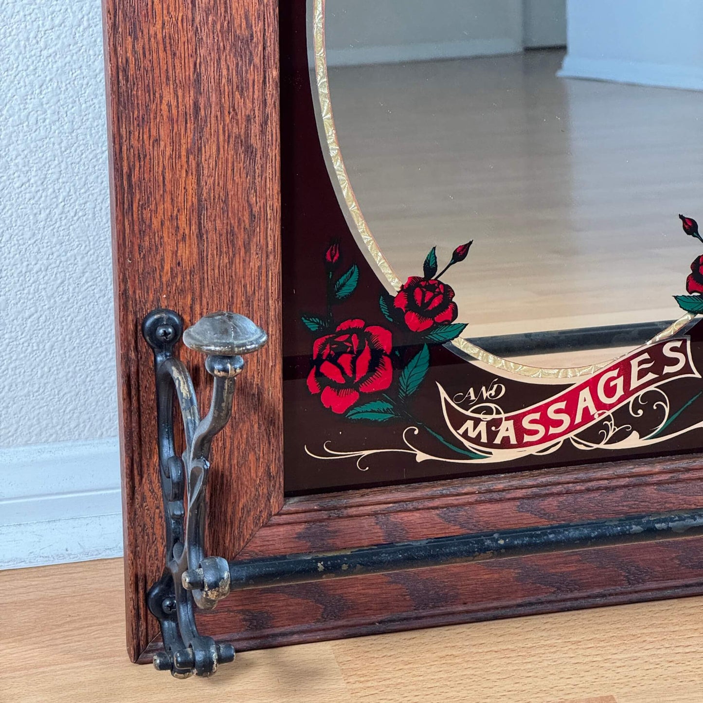 #2104【1980年代】ビンテージ HOT BATHS & MASSAGES ミラー / ウォールデコ アイアンラック付き アメリカ
