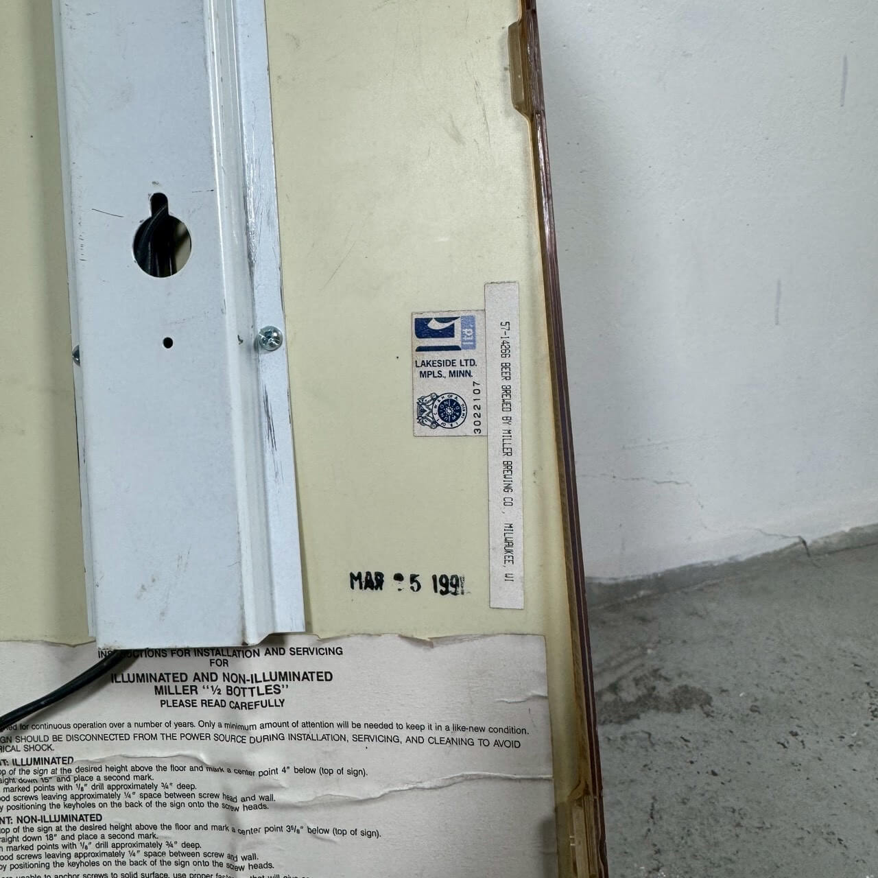 #2257【1991年製】ビンテージ Miller Lite ボトルランプ / ウォールライト アメリカ