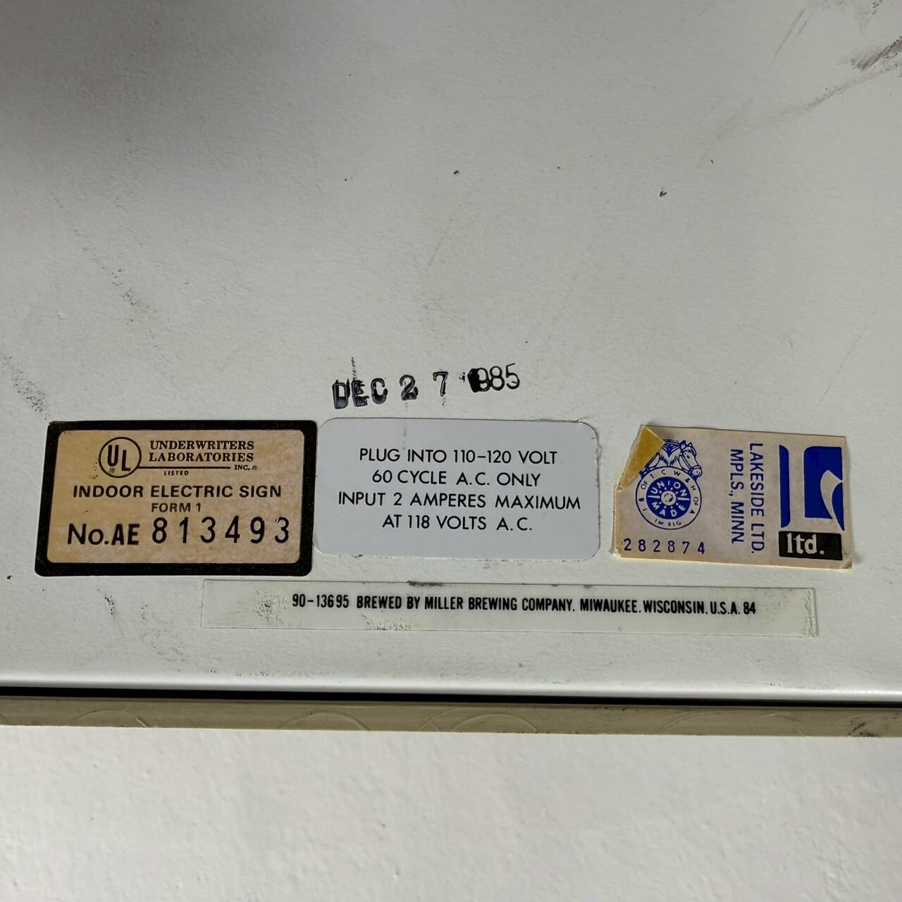 #2268【1985年製】ビンテージ Miller COLD BEER ライトサイン / バーサイン アメリカ