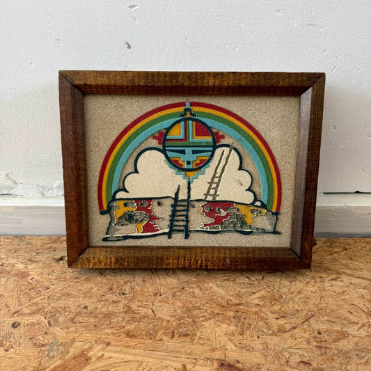 #2361【1970年代】ビンテージ “SACRED KIVA” ネイティブサンドアート額装 / ニューメキシコ製 レインボーウェイ
